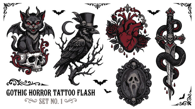 Gothic Horror Tattoo Flash Set with Cat Skull Raven Heart Dagger Mirror