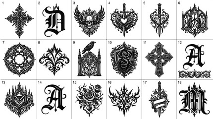 Fototapeta premium Gothic Ornamental Symbols Collection for Tattoos and Design