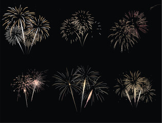 Fototapeta premium Fireworks explosions, colorful night sky, festive celebration, vector graphics set