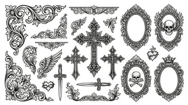 Gothic Ornate Design Elements Collection with Skulls and Crosses