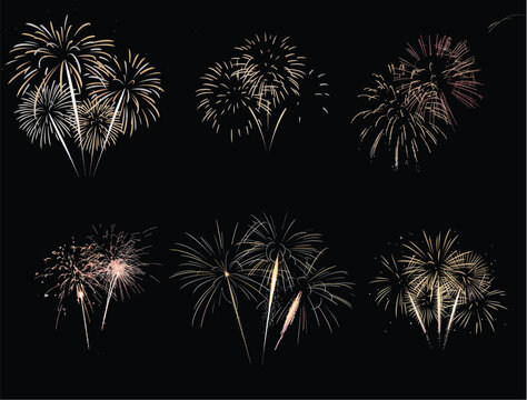 Fireworks explosions, colorful night sky, festive celebration, vector graphics set