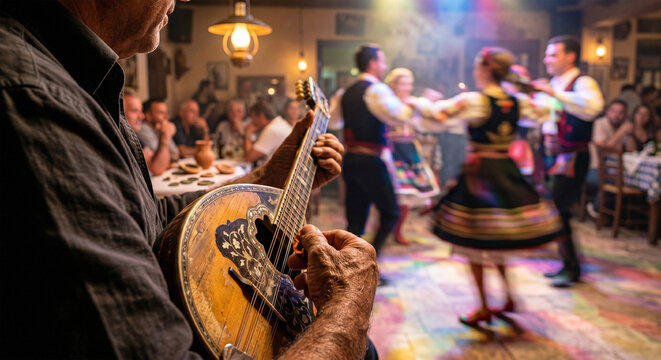 A dynamic action shot looking over the shoulder of a bouzouki player during a lively celebration, capturing the rapid, blurred motion of the right hand holding a plectrum, with the blurred figures of 