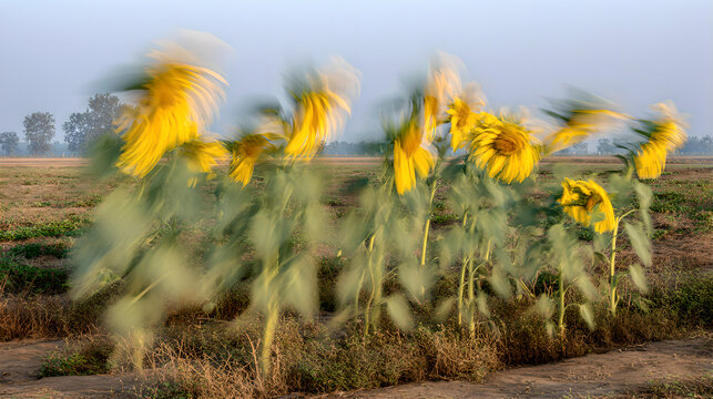 adulteration. Sunflowers swaying in a field during golden hour, nature scene. gardening catalogs, home-decor guides, designed for home decor and floral branding and gardening and botanical catalogs.