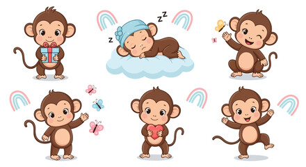 Fototapeta premium Cute Cartoon Monkey Set with Rainbows, Playful Baby Animal Collection