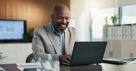 Fototapeta premium Business, man or happy on laptop in office for budget review, performance report or revenue growth. Financial analyst, mature black person or tech for risk assessment, market trends or finance profit
