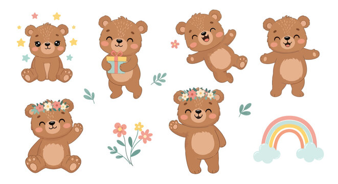 Cute Cartoon Teddy Bears Set with Rainbow and Floral Elements