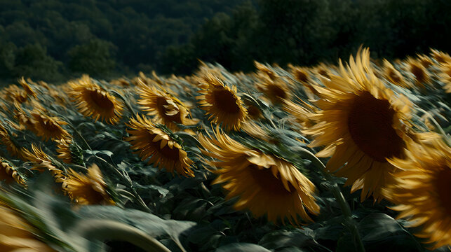 adulteration. Sunflowers swaying in a field during golden hour, nature scene. gardening catalogs, home-decor guides, designed for home decor and floral branding and gardening and botanical catalogs.