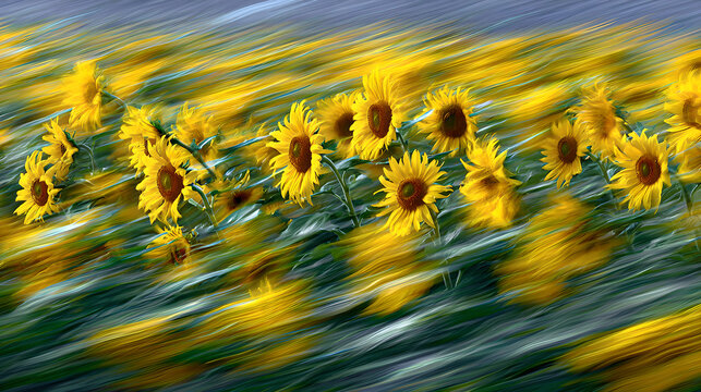adulteration. Sunflowers swaying in a field during golden hour, nature scene. gardening catalogs, home-decor guides, designed for home decor and floral branding and gardening and botanical catalogs.