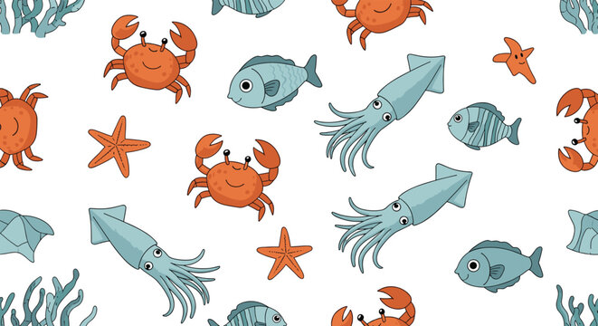 Vibrant underwater scene features crabs squids fish and starfish in a playful and detailed sea life seamless pattern.