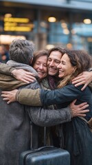Obraz premium Four Caucasian friends and family members in their 40s and 60s hug joyfully at a train station. They wear warm coats and scarves during a reunion.