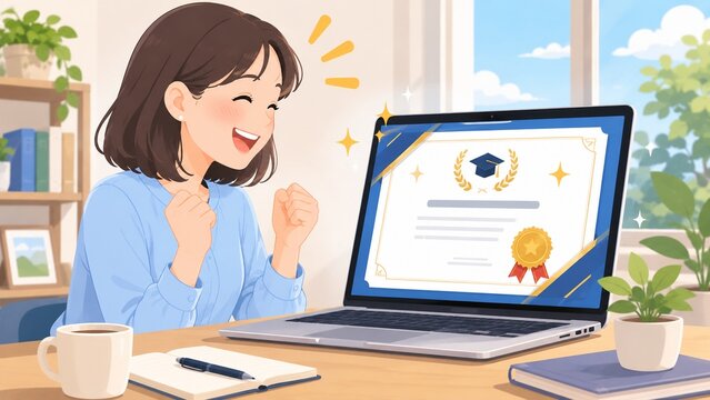 Excited young woman celebrating her online graduation with a diploma displayed on a laptop screen at home.