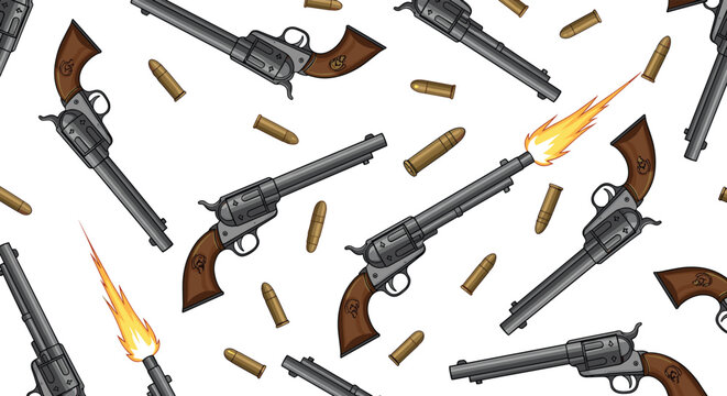 Seamless pattern featuring vintage western revolvers with firing flashes and scattered bullets on a clean white background.