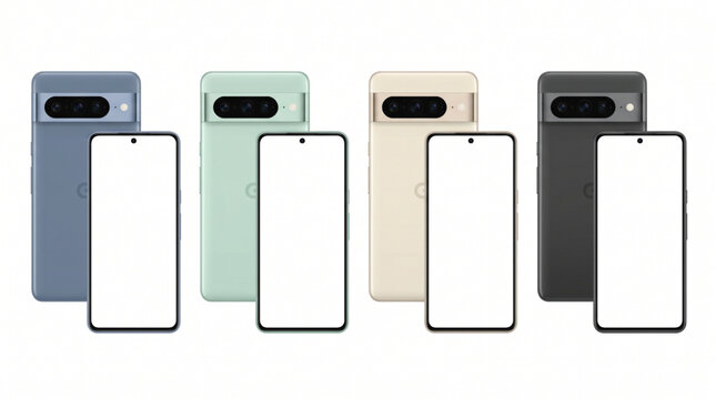 Mockup of Google Pixel 8 Pro smartphones in multiple colors including Bay, Mint, Porcelain, and Obsidian. Set of mobile devices with blank screen white template for app UI design and web interface.