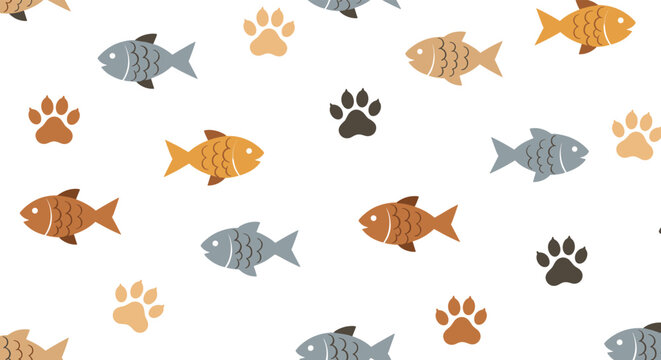 Simple seamless pattern of grey, orange, and brown fish mixed with animal paw prints on a white background for pet-related designs.