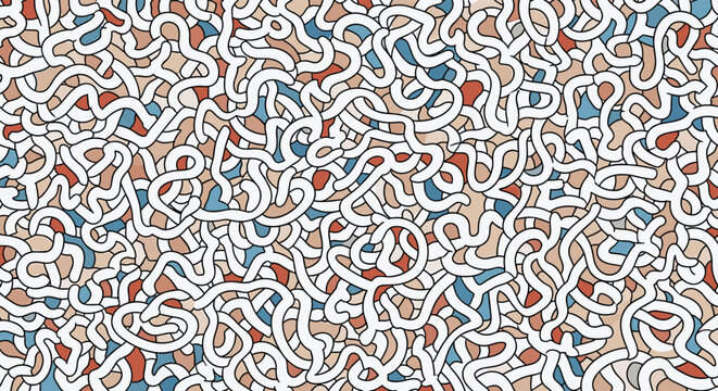 Abstract seamless pattern of tangled white noodle-like lines over a colorful background of blue, red, and beige organic shapes.