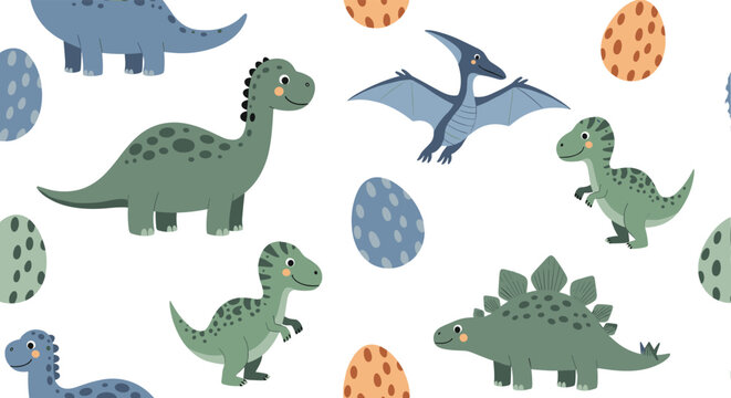 Prehistoric dinosaurs and spotted eggs are illustrated in a cute and colorful seamless pattern perfect for a nursery room.