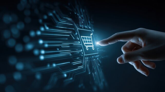 A young adult woman with fair skin touches a glowing digital shopping cart icon integrated into a futuristic circuit board. Her hand is in focus.