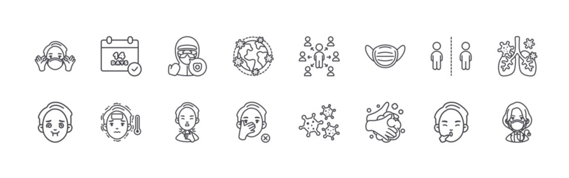 set of 16 thin line coronavirus covid icons such as mask, vomit, quarantine, fever, doctor, sore throat, pandemic, do not touch,. editable stroke vector illustration isolated on white