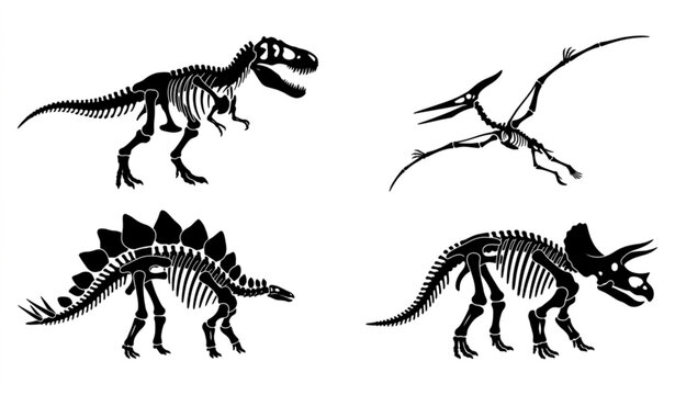 Dinosaur Skeleton Silhouette Set Vector Prehistoric Fossil Collection