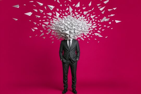Businessman with exploding paper airplane head symbolizing ideas and information overload