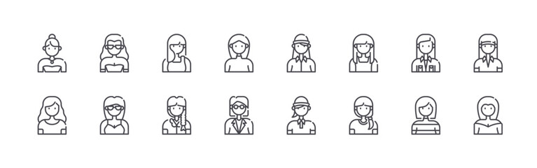 Fototapeta premium set of 16 thin line woman avatar icons such as woman, woman, editable stroke vector illustration isolated on white