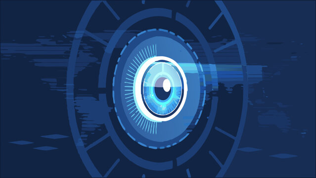 Biometric eye scan illustration with blue concentric circles and futuristic technology design elements on dark background