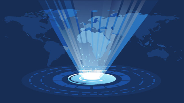 Biometric iris scan technology projecting global identity verification with blue light beams on dark background