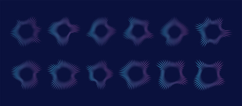 Sound equalizer with dot line.  frequency audio waveform. gradient neon circular sound wave frames. Music abstract radial symbol.