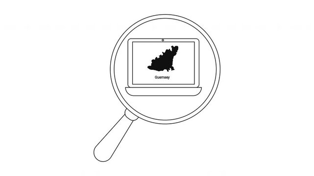 Magnifying glass over laptop displaying a map of Guernsey.
