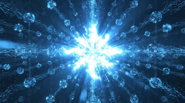A cinematic drone-like camera flying through an endless futuristic AI data center filled with glowing servers