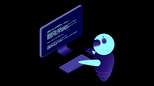Isometric robot character working at a computer desk programming code on a digital screen coding developer technology software keyboard