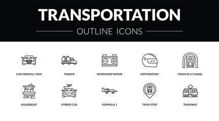 Naklejka premium outline transportation icons set - car frontal view, tanker, houseboat, tramway. editable vector for web and mobile ui