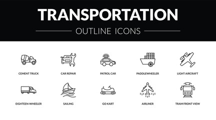 outline transportation icons set - cement truck, car repair, eighteen-wheeler, tram front view. editable vector for web and mobile ui © IconArt