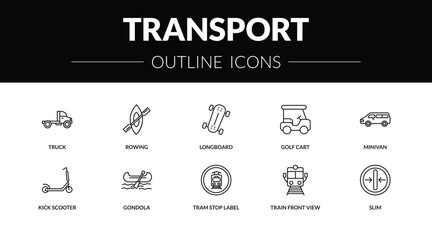 outline transport icons set - truck, rowing, kick scooter, slim. editable vector for web and mobile ui © IconArt