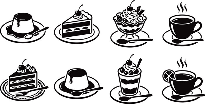 Sweet dessert cake and coffee cup silhouette set.