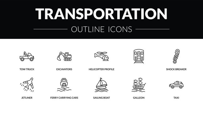 outline transportation icons set - tow truck, excavators, jetliner, taxi. editable vector for web and mobile ui