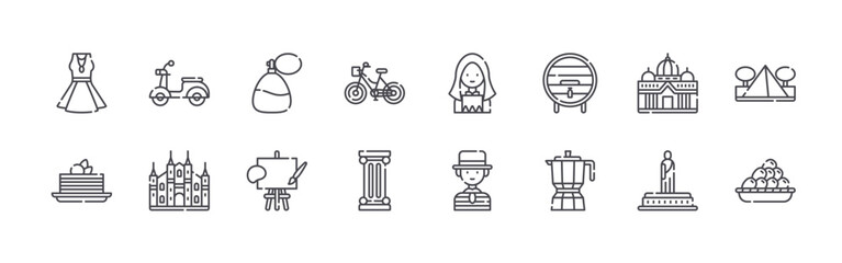 set of 16 thin line italy icons such as dress, tiramisu, scooter, cathedral, perfume, painting, bike, pillar, woman. editable stroke vector illustration isolated on white © Lukas