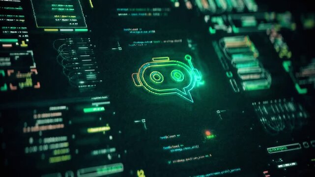Abstract digital artificial intelligence bot icon surrounded by flowing data streams and binary code background technology automation software