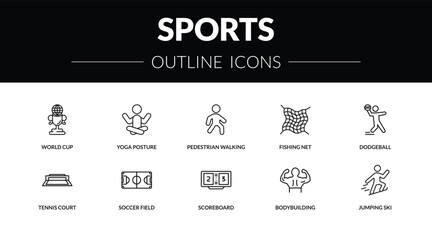 outline sports icons set - world cup, yoga posture, tennis court, jumping ski. editable vector for web and mobile ui © IconArt