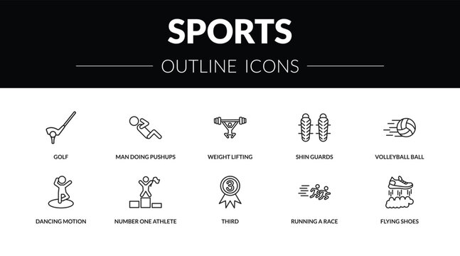 outline sports icons set - golf, man doing pushups, dancing motion, flying shoes. editable vector for web and mobile ui