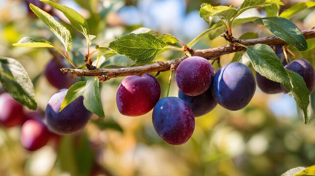 Ripe, juicy purple plums hang heavily from a branch, showcasing the vibrant colors and textures of a bountiful summer fruit harvest.