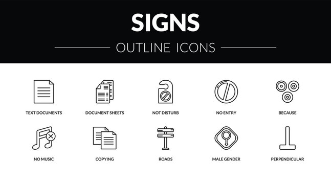 outline signs icons set - text documents, document sheets, no music, perpendicular. editable vector for web and mobile ui