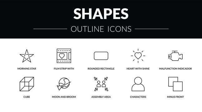 outline shapes icons set - morning star, film strip with heart, cube, minus front. editable vector for web and mobile ui