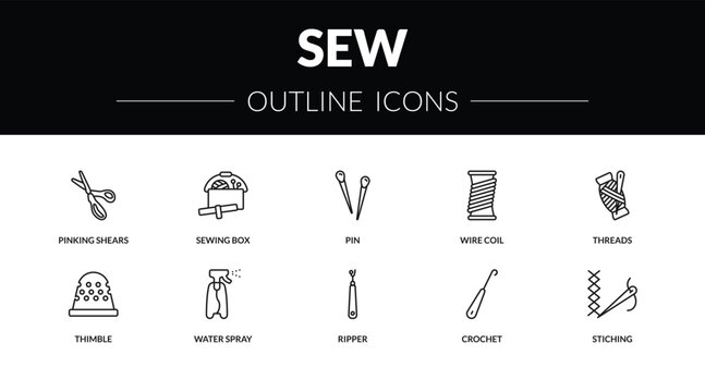 outline sew icons set - pinking shears, sewing box, thimble, stiching. editable vector for web and mobile ui