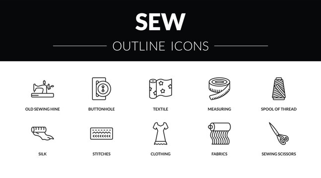 outline sew icons set - old sewing hine, buttonhole, silk, sewing scissors. editable vector for web and mobile ui