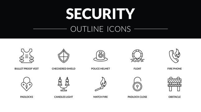 outline security icons set - bullet proof vest, checkered shield, padlocks, obstacle. editable vector for web and mobile ui
