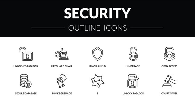 outline security icons set - unlocked padlock, lifeguard chair, secure database, court gavel. editable vector for web and mobile ui