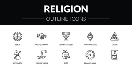 Fototapeta premium outline religion icons set - qibla, holy elephant, sufi mystic, . editable vector for web and mobile ui