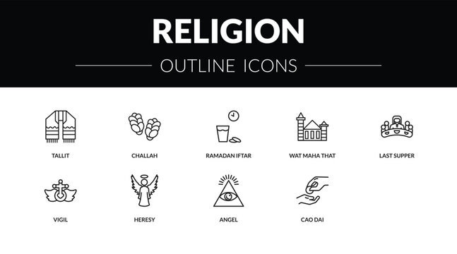 outline religion icons set - tallit, challah, vigil, sadaqah. editable vector for web and mobile ui