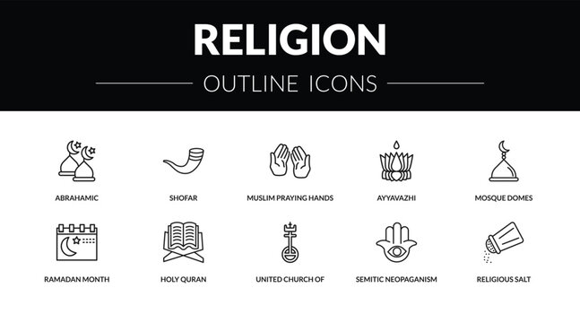 outline religion icons set - abrahamic, shofar, ramadan month, religious salt. editable vector for web and mobile ui